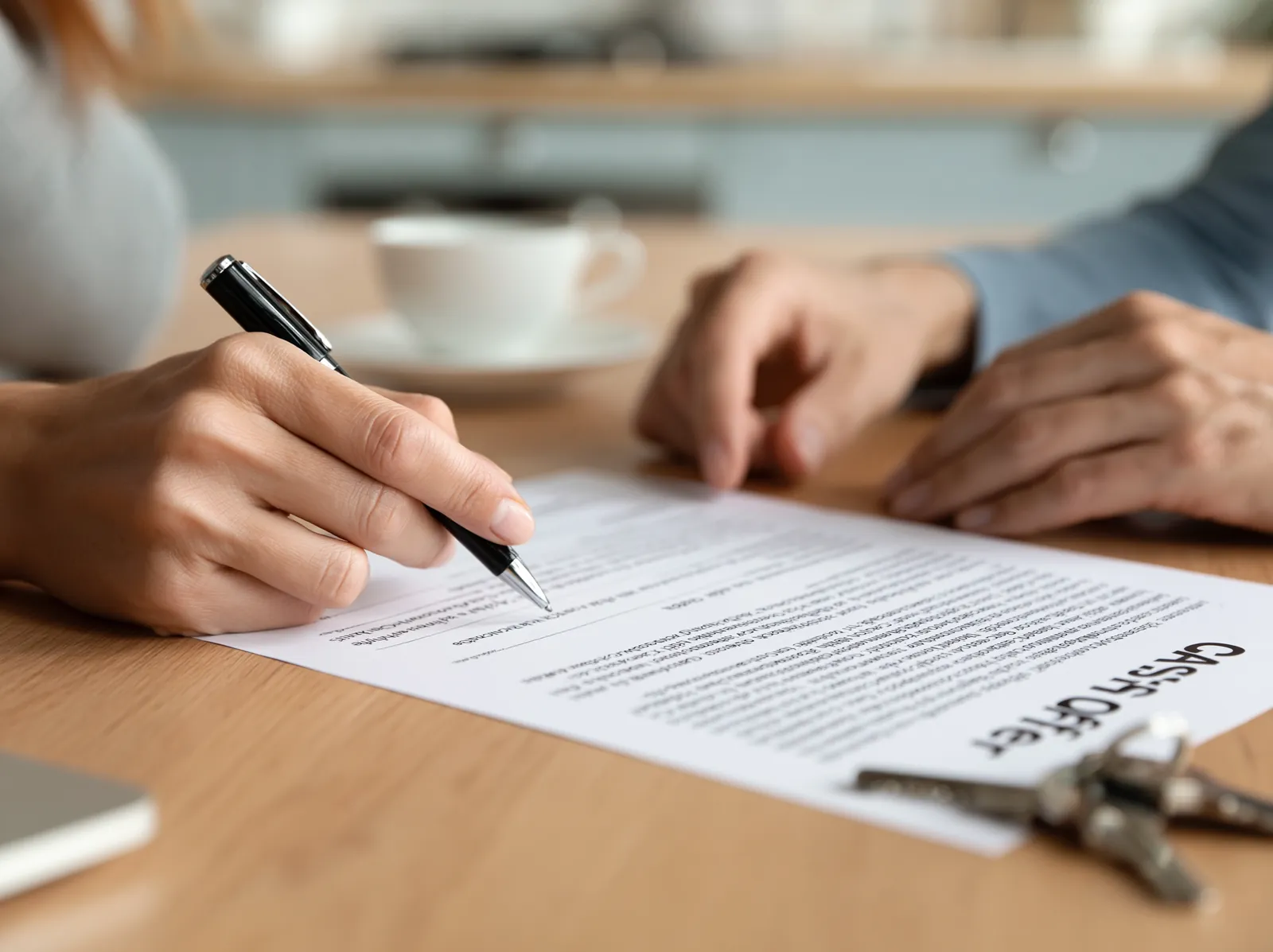 Signing a written cash offer to sell my house fast — house keys ready for closing day